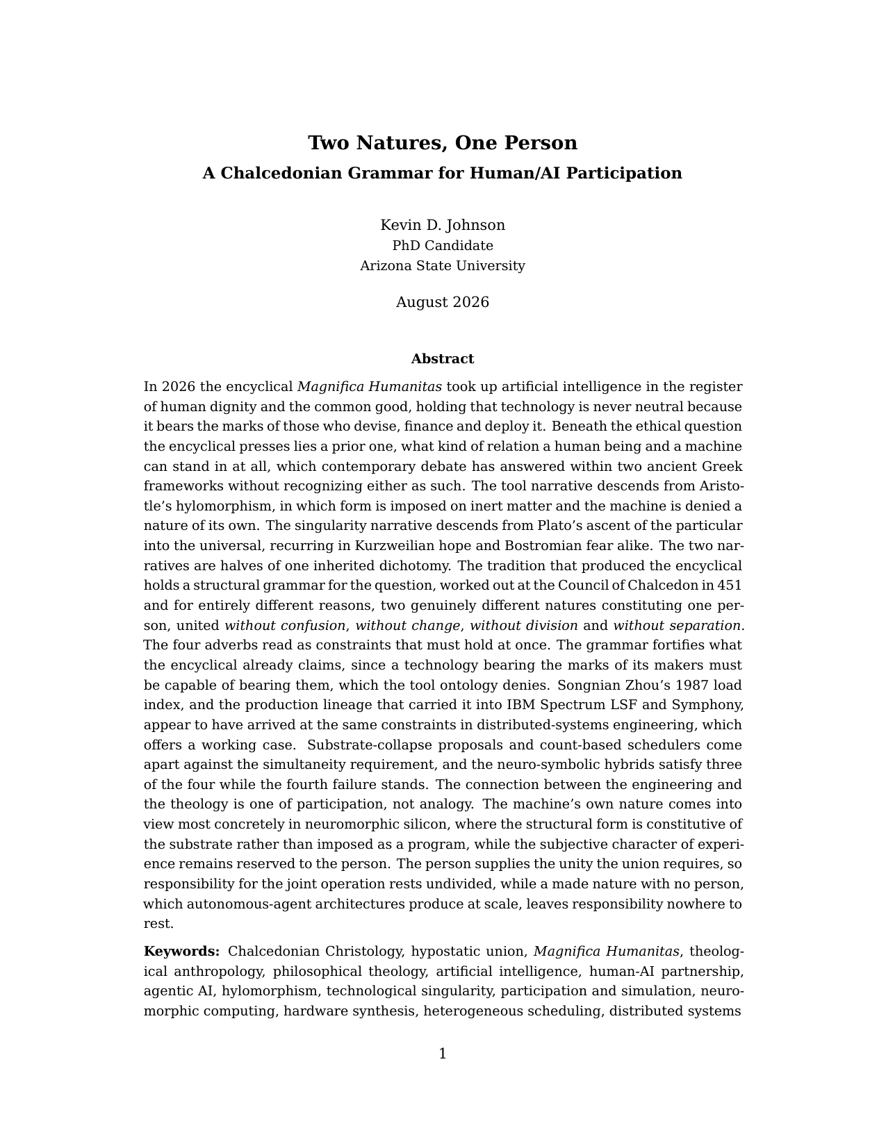 First page of Two Natures, One Person: A Chalcedonian Grammar for Human/AI Participation